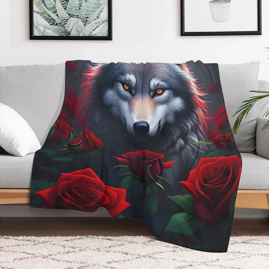 1pc Bohemian Style Wolf Roses Print Flannel Blanket - All-Season Hypoallergenic Versatile Digital Print Fleece Throw for Sofa Bed Travel Camping - Soft Warm Knitted Polyester Fabric Ideal Gift