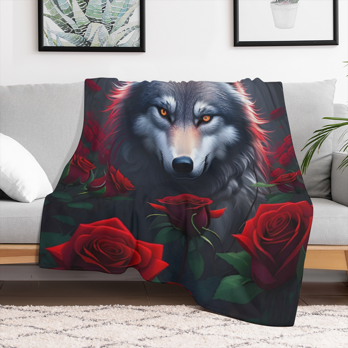 1pc Bohemian Style Wolf Roses Print Flannel Blanket - All-Season Hypoallergenic Versatile Digital Print Fleece Throw for Sofa Bed Travel Camping - Soft Warm Knitted Polyester Fabric Ideal Gift