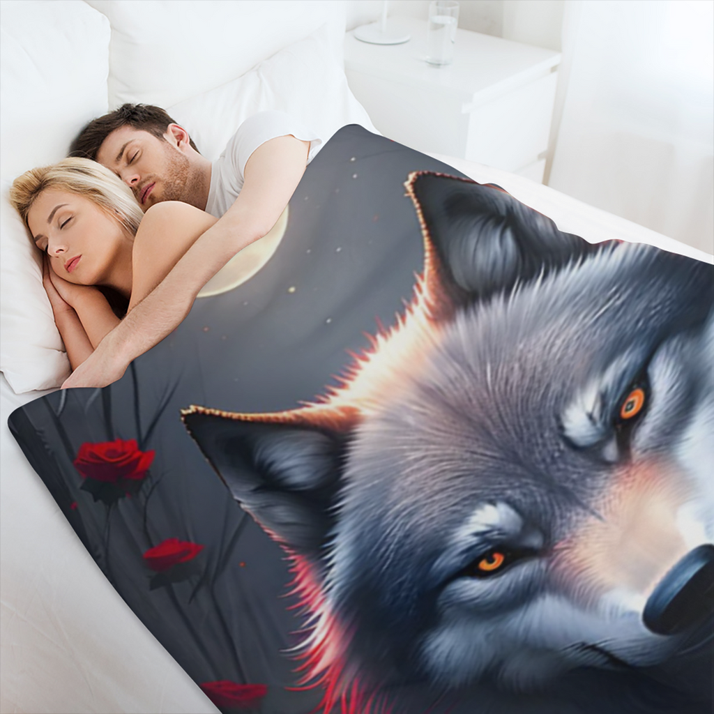 1pc Bohemian Style Wolf Roses Print Flannel Blanket - All-Season Hypoallergenic Versatile Digital Print Fleece Throw for Sofa Bed Travel Camping - Soft Warm Knitted Polyester Fabric Ideal Gift