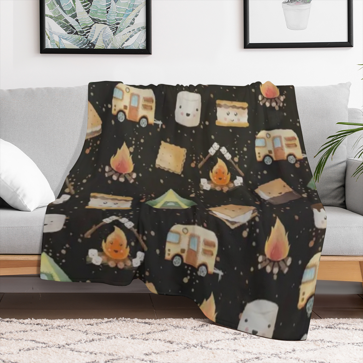 Cute S' Mores Blanket Ultra Soft Marshmallow Throw Blanket Plush Warm Cozy Roasted Marshmallows Blanket for Couch Sofa Travel Camping 50x60 Camping Blanket Camper Gifts Home Decor, 280GSM CozyFlannel