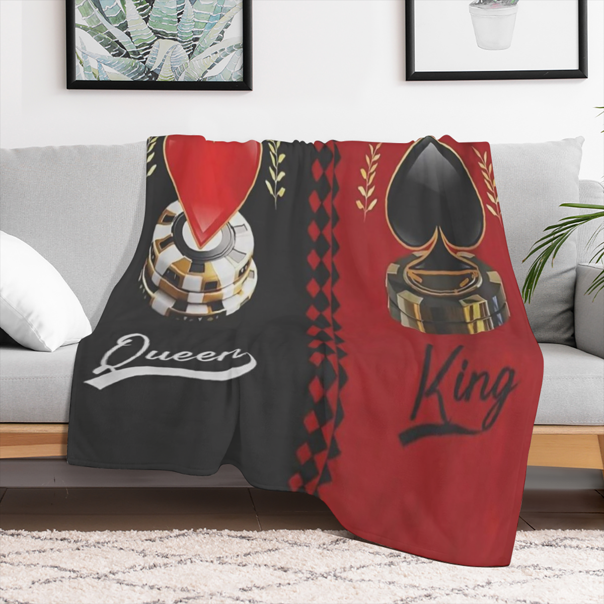 A queen and king themed plush blanket, geometric pattern, digital print, all seasons, modern style, knitted fabric, polyester, perfect for Valentine' s Day, birthdays, anniversaries - very comfortable