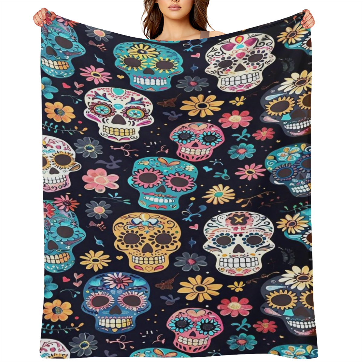 200- 250g Cozy Sugar Skull Blanket Vintage Sugar Skull Pattern Flannel Throw Blanket - Cozy All- Season Knitted Digital Print Sofa Blanket, Decorative Polyester Lightweight Warmth, Ideal for Halloween