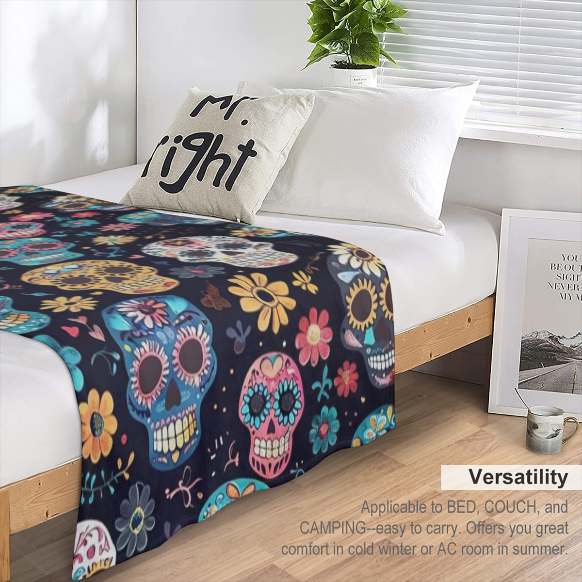 200- 250g Cozy Sugar Skull Blanket Vintage Sugar Skull Pattern Flannel Throw Blanket - Cozy All- Season Knitted Digital Print Sofa Blanket, Decorative Polyester Lightweight Warmth, Ideal for Halloween