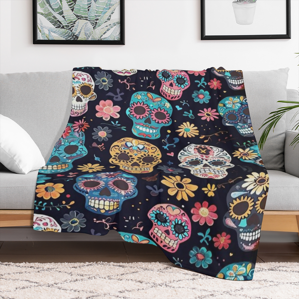 200- 250g Cozy Sugar Skull Blanket Vintage Sugar Skull Pattern Flannel Throw Blanket - Cozy All- Season Knitted Digital Print Sofa Blanket, Decorative Polyester Lightweight Warmth, Ideal for Halloween