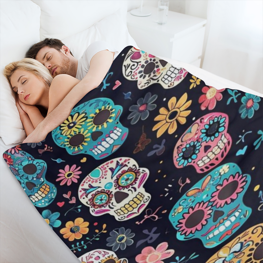 200- 250g Cozy Sugar Skull Blanket Vintage Sugar Skull Pattern Flannel Throw Blanket - Cozy All- Season Knitted Digital Print Sofa Blanket, Decorative Polyester Lightweight Warmth, Ideal for Halloween