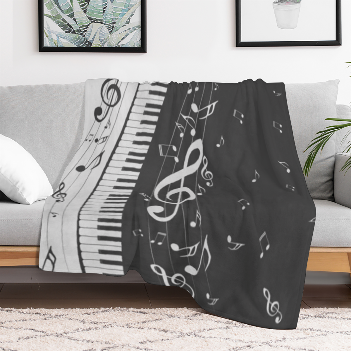 1pc Contemporary Music Piano Design Flannel Fleece Throw Blanket - Hypoallergenic, All- Season, Multipurpose Knit Fabric Bedding with Digital Print, Lightweight Soft Polyester for Bed, Sofa, Occasions