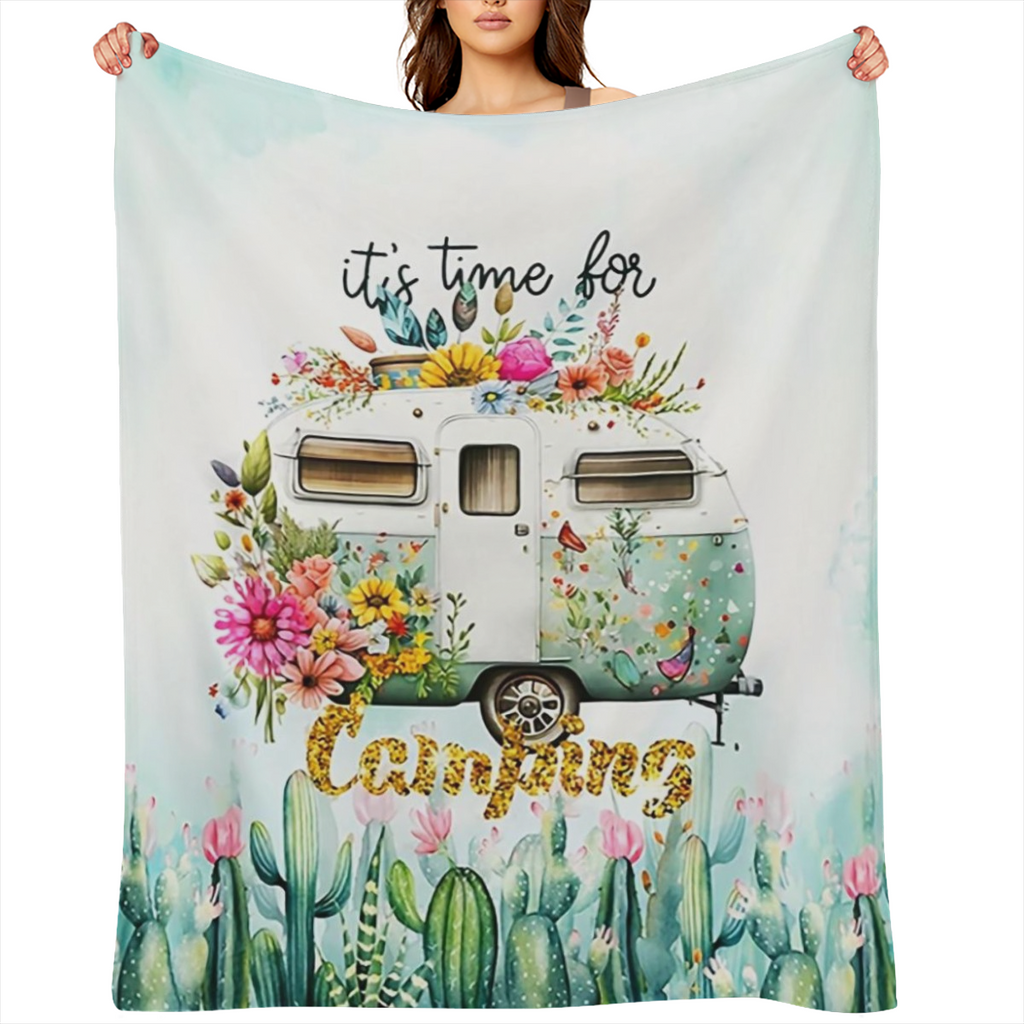 1pc Camping Theme Blanket, Fashion Fresh Cactus Floral Car Print Flannel Blanket, Soft Warm Throw Blanket Nap Blanket For Couch Sofa Office Bed Camping Travel, Multi- purpose Gift Blanket For All Seas