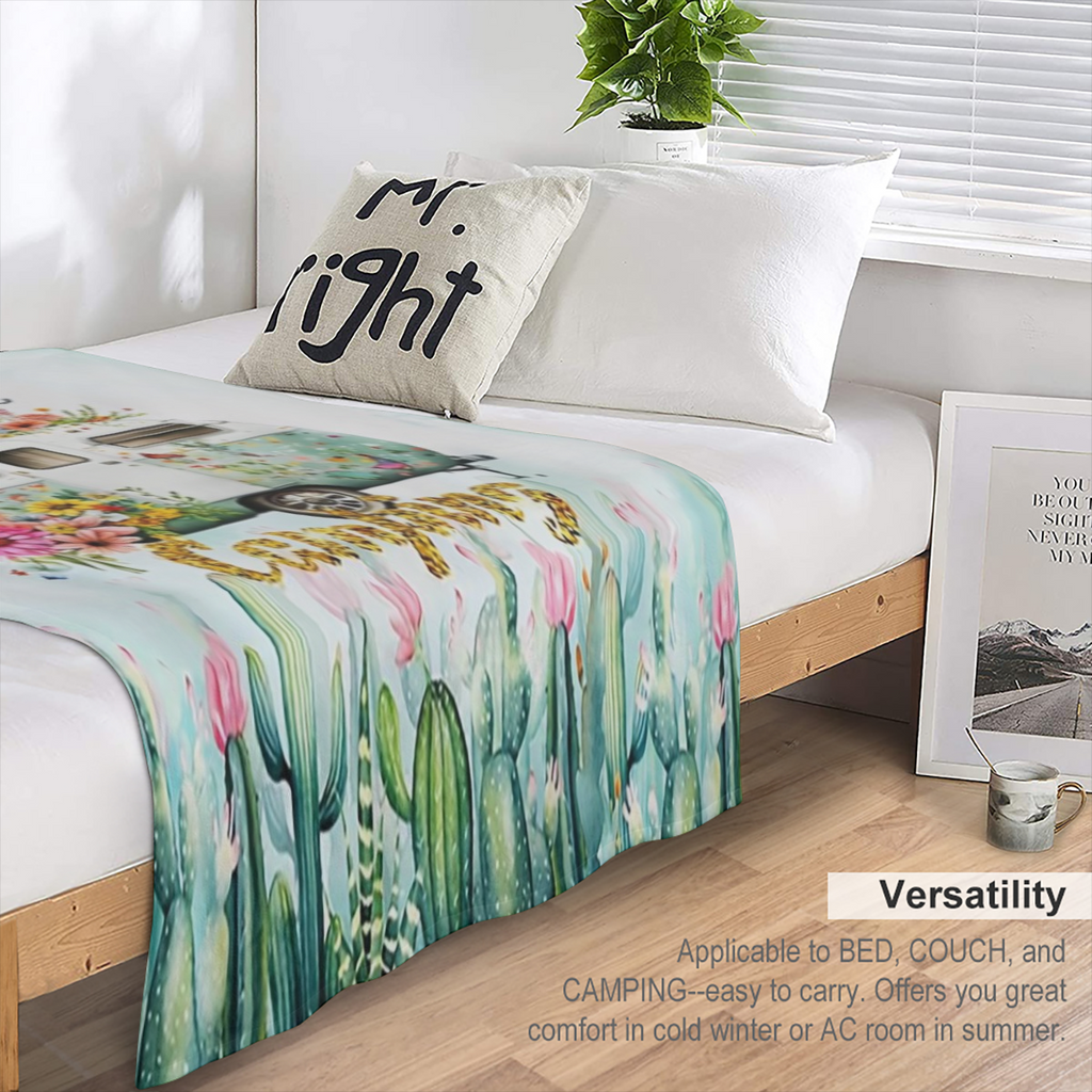 1pc Camping Theme Blanket, Fashion Fresh Cactus Floral Car Print Flannel Blanket, Soft Warm Throw Blanket Nap Blanket For Couch Sofa Office Bed Camping Travel, Multi- purpose Gift Blanket For All Seas
