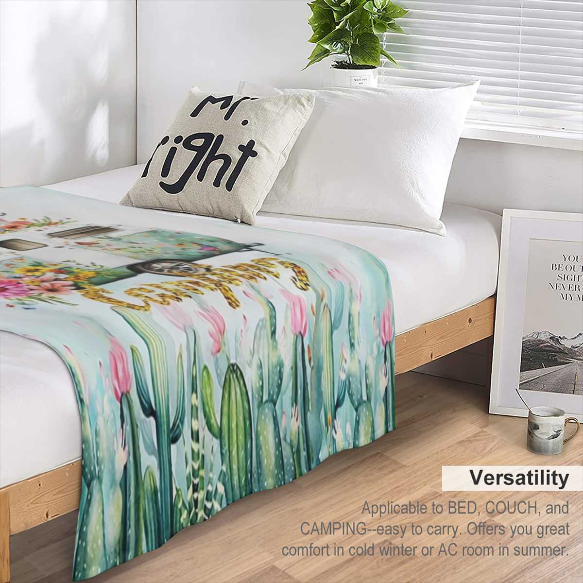 1pc Camping Theme Blanket, Fashion Fresh Cactus Floral Car Print Flannel Blanket, Soft Warm Throw Blanket Nap Blanket For Couch Sofa Office Bed Camping Travel, Multi- purpose Gift Blanket For All Seas