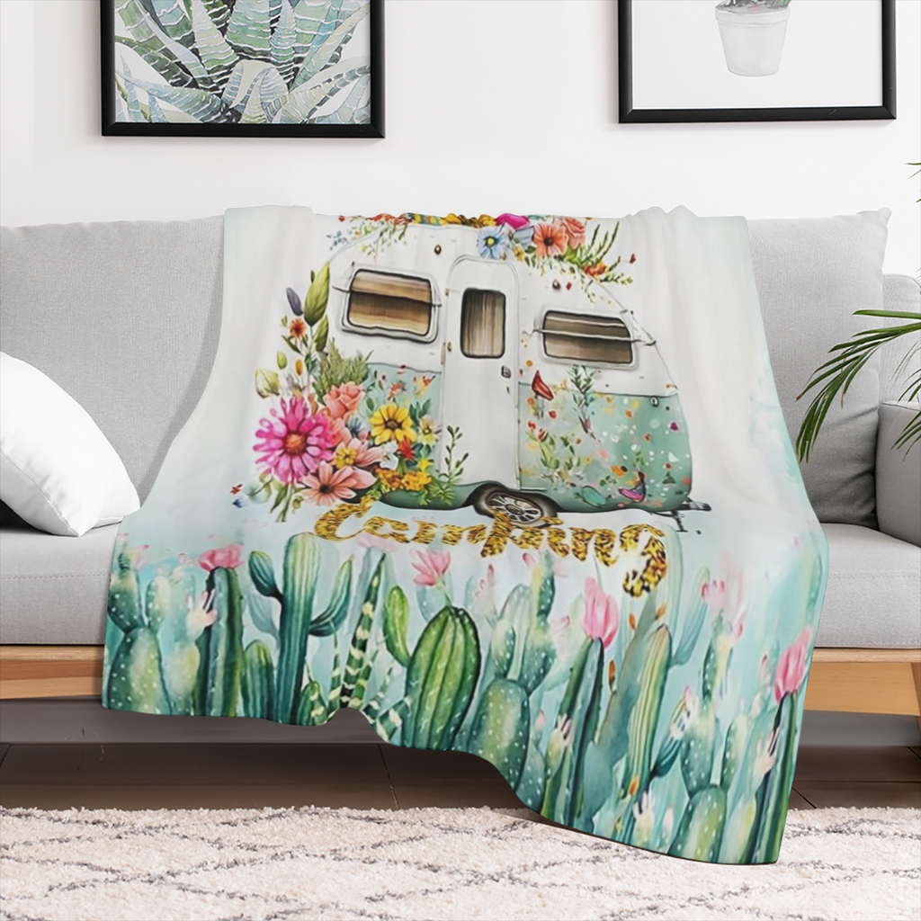 1pc Camping Theme Blanket, Fashion Fresh Cactus Floral Car Print Flannel Blanket, Soft Warm Throw Blanket Nap Blanket For Couch Sofa Office Bed Camping Travel, Multi- purpose Gift Blanket For All Seas