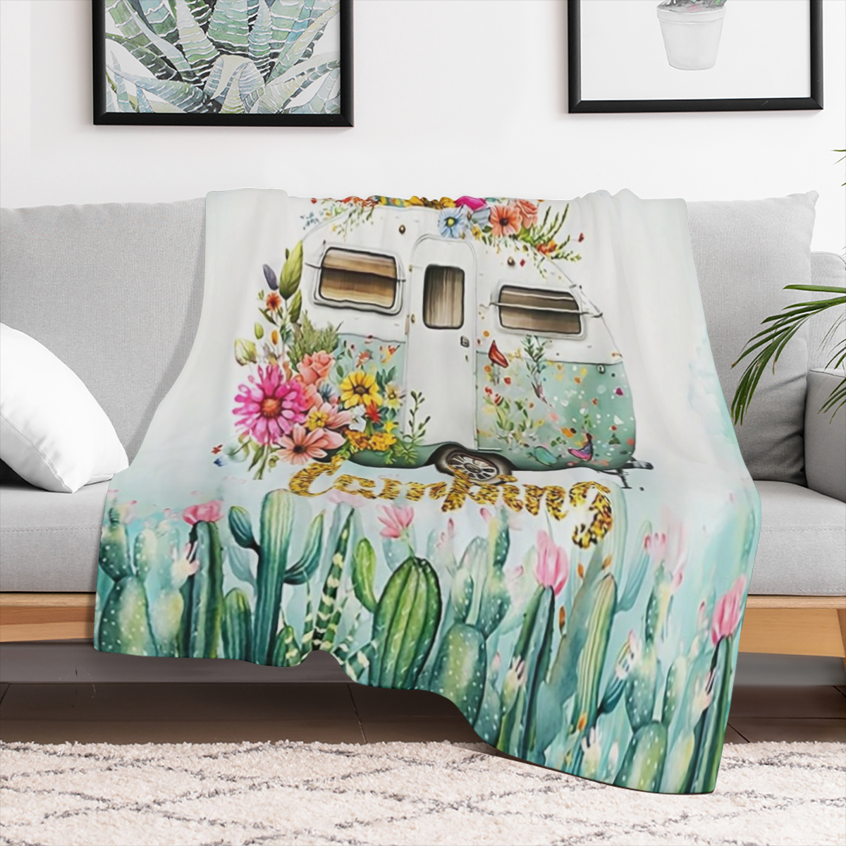 1pc Camping Theme Blanket, Fashion Fresh Cactus Floral Car Print Flannel Blanket, Soft Warm Throw Blanket Nap Blanket For Couch Sofa Office Bed Camping Travel, Multi- purpose Gift Blanket For All Seas