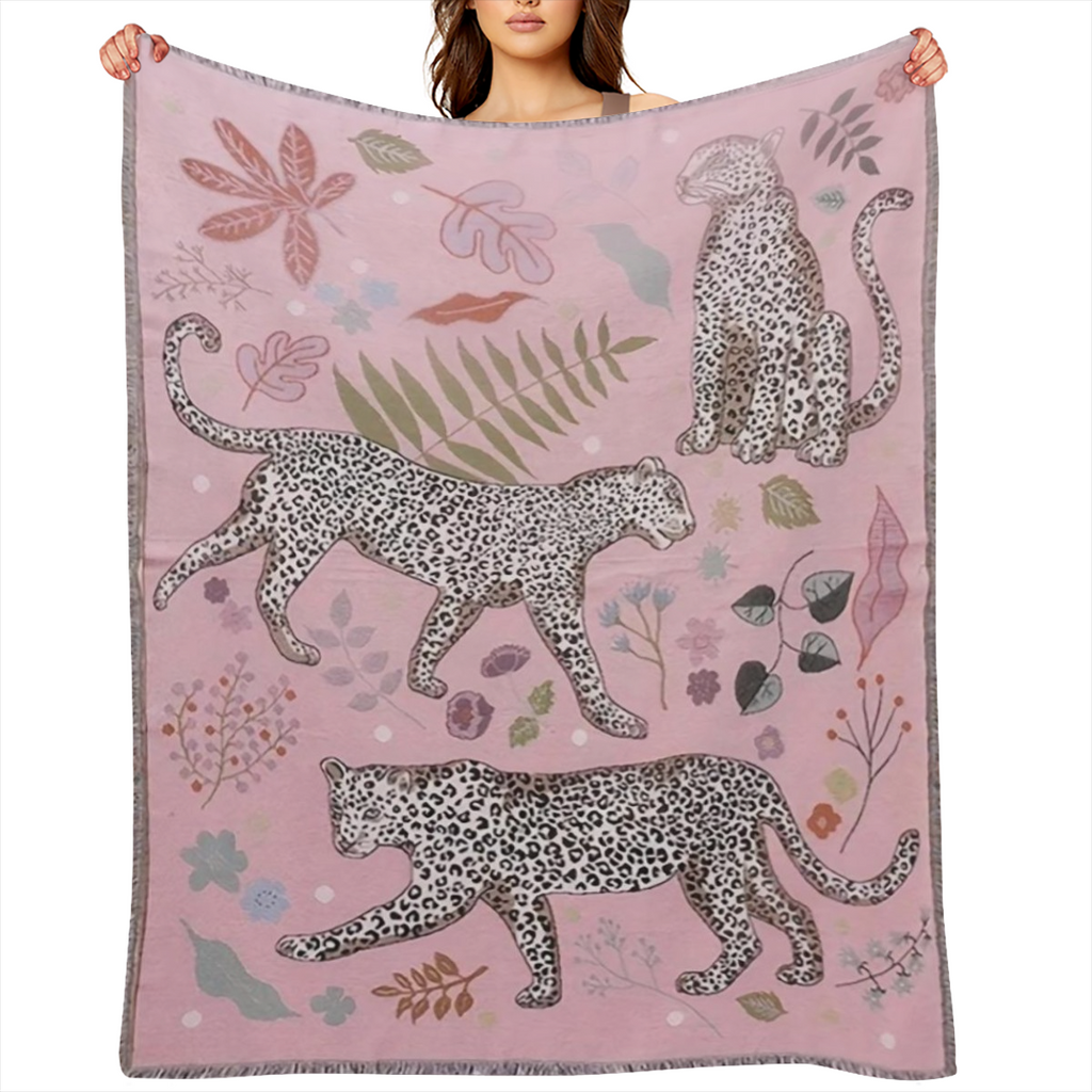 Bohemian Leopard Shawl Blanket - Soft Polyester Blend with Tassel for Sofas, Beds, Yoga and Outdoor Picnics