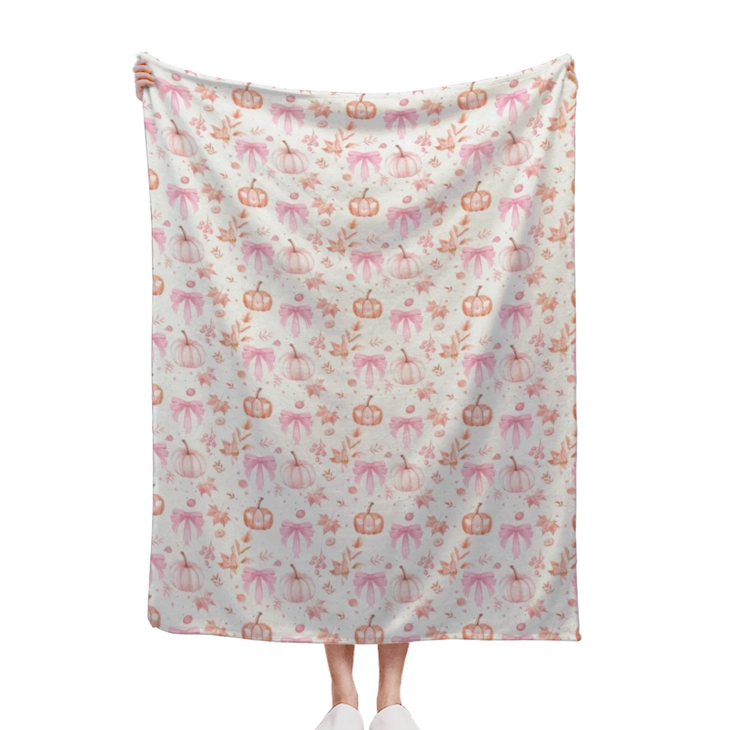 1pc 280GSM Cozy Pink Pumpkin & Leaf Flannel Plush Blanket - Soft Velveteen All-Season Throw, Oversized Fall Decor for Bed, Couch, Dorm | Machine Washable, -Pilling, 30x40 to 60x80 Inch Sizes | Contemp