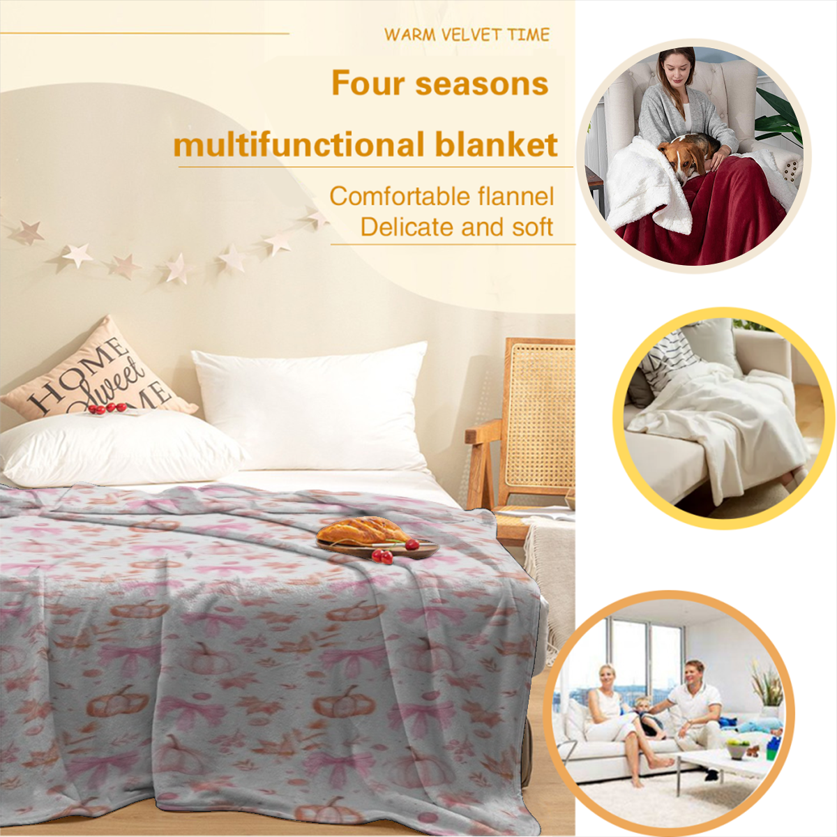 1pc 280GSM Cozy Pink Pumpkin & Leaf Flannel Plush Blanket - Soft Velveteen All-Season Throw, Oversized Fall Decor for Bed, Couch, Dorm | Machine Washable, -Pilling, 30x40 to 60x80 Inch Sizes | Contemp