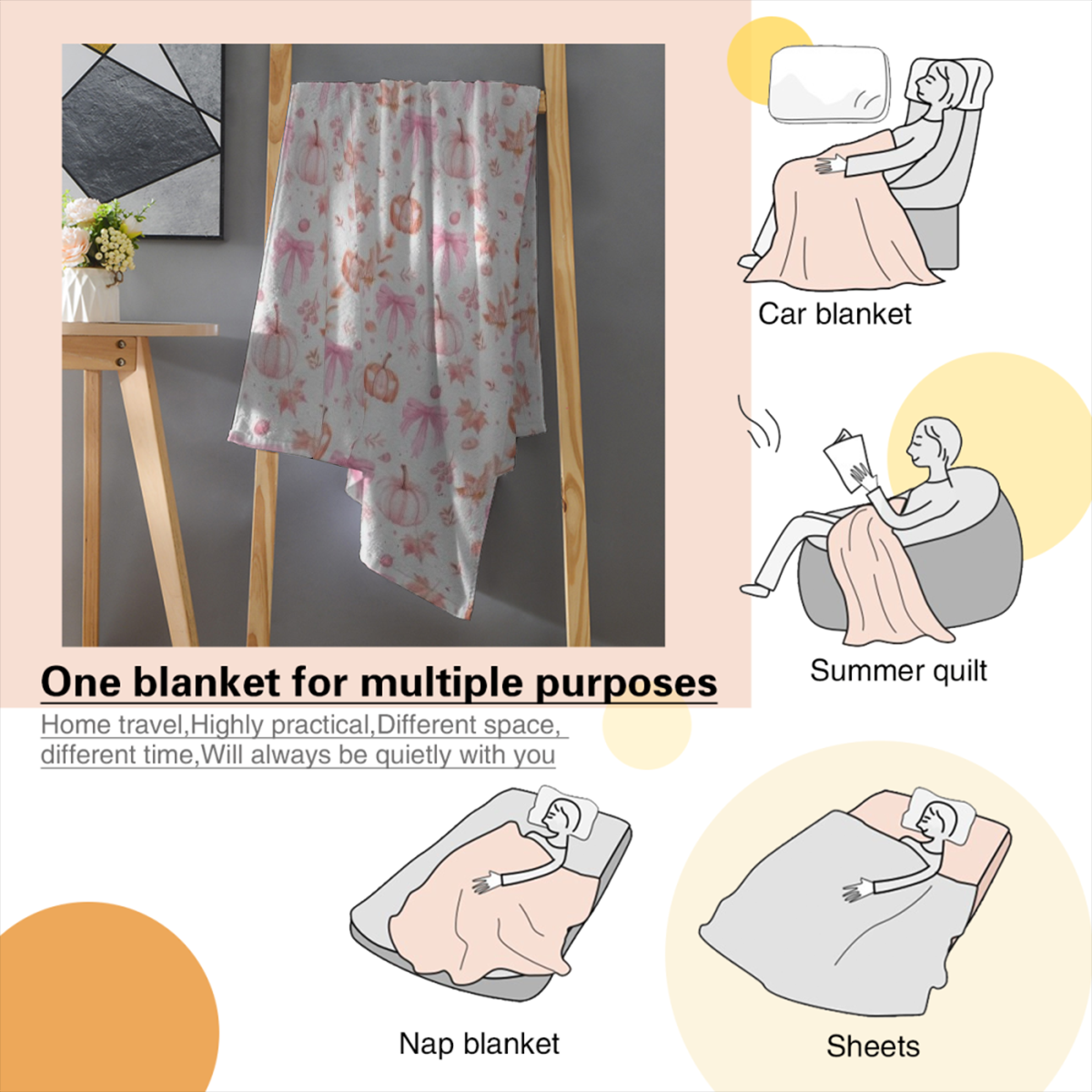 1pc 280GSM Cozy Pink Pumpkin & Leaf Flannel Plush Blanket - Soft Velveteen All-Season Throw, Oversized Fall Decor for Bed, Couch, Dorm | Machine Washable, -Pilling, 30x40 to 60x80 Inch Sizes | Contemp