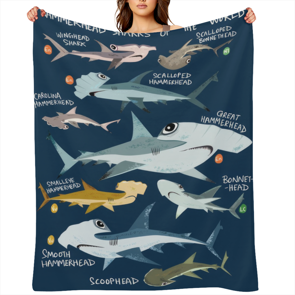 1PC Coastal Nautical Shark Pattern Hypoallergenic Flannel Throw Blanket - Tear Resistant, All- Season, Multipurpose Knitted Quilt with Digital Print Polyester for Sofa, Bed, Camping, Travel