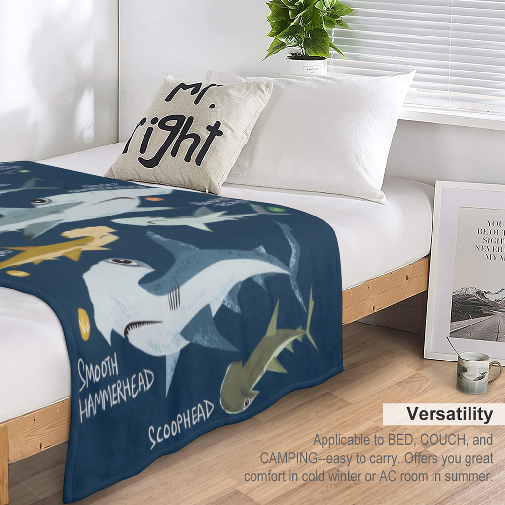 1PC Coastal Nautical Shark Pattern Hypoallergenic Flannel Throw Blanket - Tear Resistant, All- Season, Multipurpose Knitted Quilt with Digital Print Polyester for Sofa, Bed, Camping, Travel