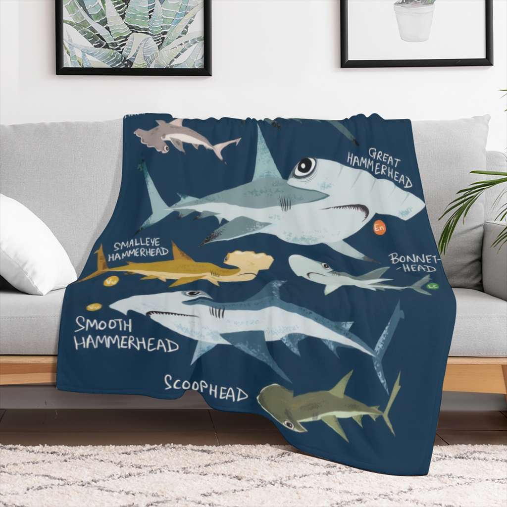 1PC Coastal Nautical Shark Pattern Hypoallergenic Flannel Throw Blanket - Tear Resistant, All- Season, Multipurpose Knitted Quilt with Digital Print Polyester for Sofa, Bed, Camping, Travel