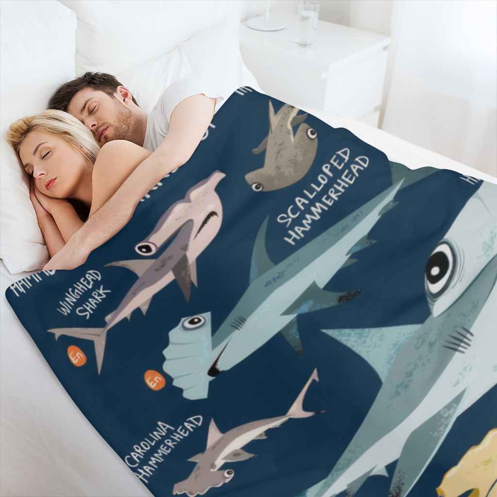 1PC Coastal Nautical Shark Pattern Hypoallergenic Flannel Throw Blanket - Tear Resistant, All- Season, Multipurpose Knitted Quilt with Digital Print Polyester for Sofa, Bed, Camping, Travel