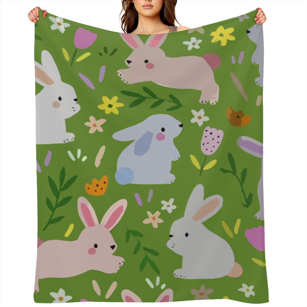 Cozy Flannel Bunny Paradise Blanket - Soft Pastel Rabbits and Floral Design, Perfect for Sofa or Bed, All-Season Comfort, Ideal Easter Gift for Family and Friends, Whimsical Home Decor with Gentle Pat