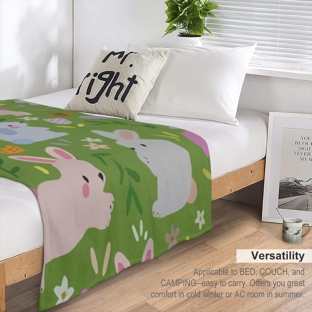 Cozy Flannel Bunny Paradise Blanket - Soft Pastel Rabbits and Floral Design, Perfect for Sofa or Bed, All-Season Comfort, Ideal Easter Gift for Family and Friends, Whimsical Home Decor with Gentle Pat