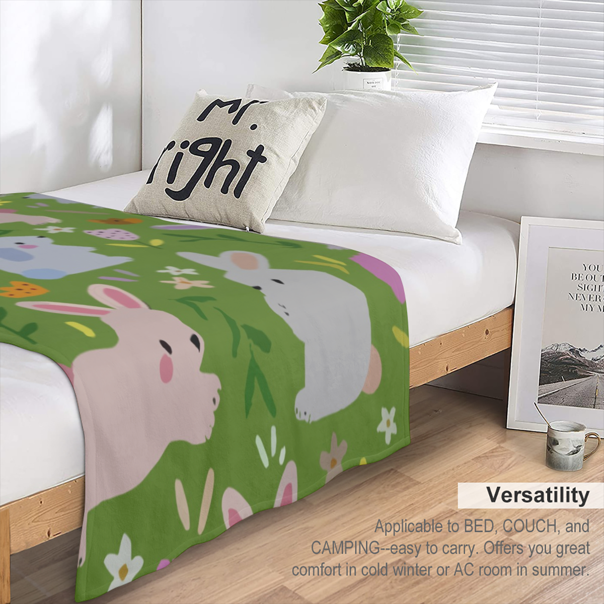 Cozy Flannel Bunny Paradise Blanket - Soft Pastel Rabbits and Floral Design, Perfect for Sofa or Bed, All-Season Comfort, Ideal Easter Gift for Family and Friends, Whimsical Home Decor with Gentle Pat