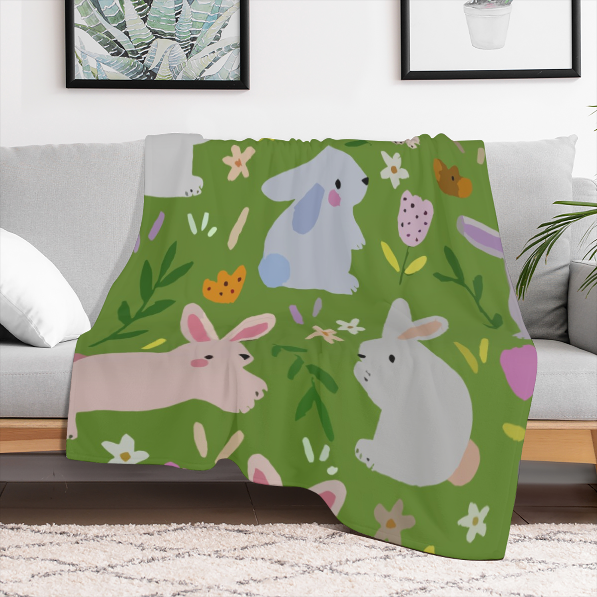 Cozy Flannel Bunny Paradise Blanket - Soft Pastel Rabbits and Floral Design, Perfect for Sofa or Bed, All-Season Comfort, Ideal Easter Gift for Family and Friends, Whimsical Home Decor with Gentle Pat
