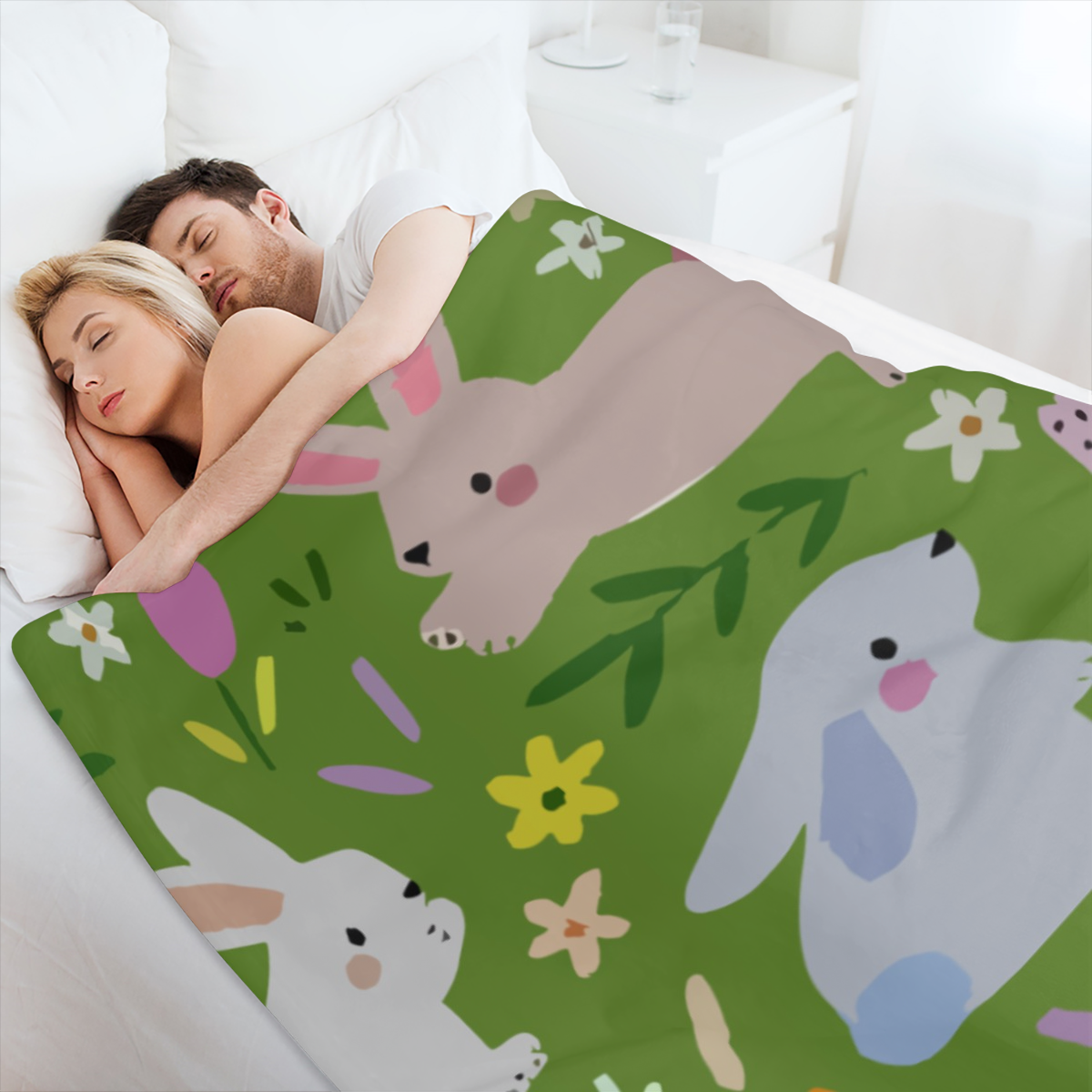 Cozy Flannel Bunny Paradise Blanket - Soft Pastel Rabbits and Floral Design, Perfect for Sofa or Bed, All-Season Comfort, Ideal Easter Gift for Family and Friends, Whimsical Home Decor with Gentle Pat