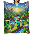 block- based game Flannel Sofa & Bed Blanket - Soft Lightweight Warm Plush 40x30 Inch, Black Printed Game Design with Creeper & Blocky Landscape, All- Season Decorative Throw for Gamers, Living Room,