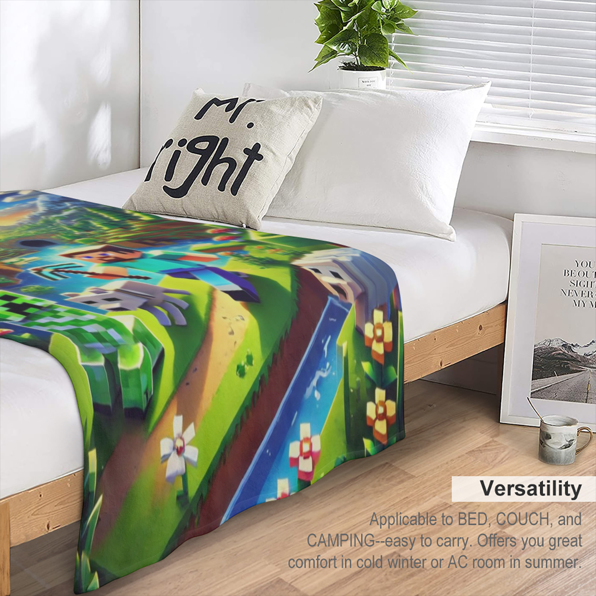 block- based game Flannel Sofa & Bed Blanket - Soft Lightweight Warm Plush 40x30 Inch, Black Printed Game Design with Creeper & Blocky Landscape, All- Season Decorative Throw for Gamers, Living Room,