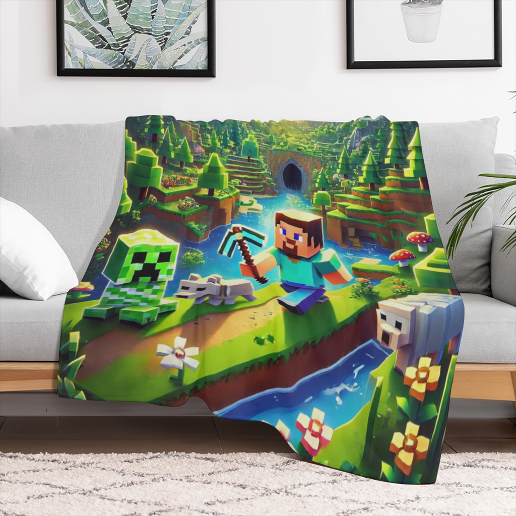 block- based game Flannel Sofa & Bed Blanket - Soft Lightweight Warm Plush 40x30 Inch, Black Printed Game Design with Creeper & Blocky Landscape, All- Season Decorative Throw for Gamers, Living Room,