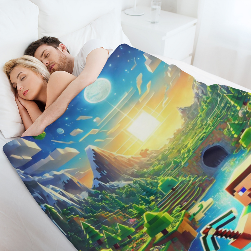 block- based game Flannel Sofa & Bed Blanket - Soft Lightweight Warm Plush 40x30 Inch, Black Printed Game Design with Creeper & Blocky Landscape, All- Season Decorative Throw for Gamers, Living Room,