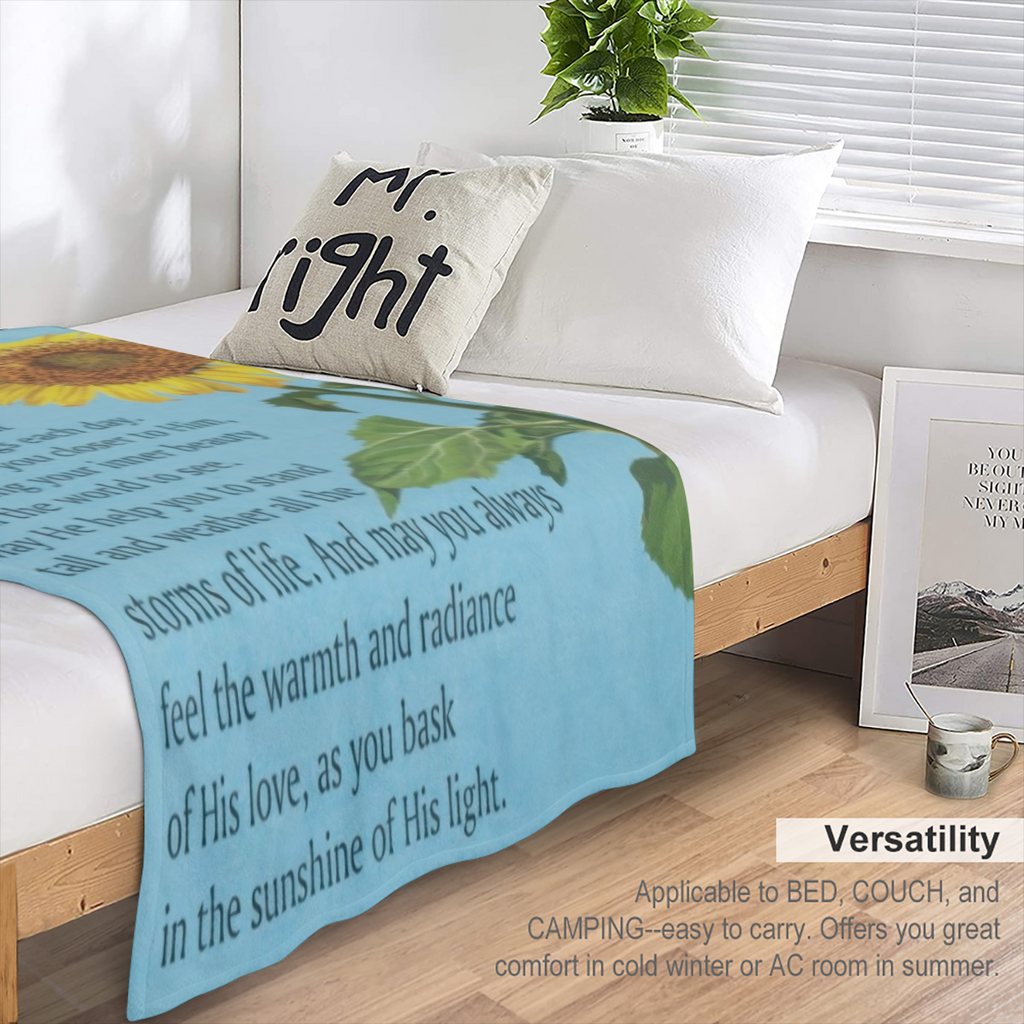 Contemporary Sunflower Prayer Throw Blanket, Hypoallergenic Flannel Fleece, Digital Print, 250- 300gsm, Multipurpose Cozy Sofa Bed Blanket, with Angelic Blessing Message for All Seasons
