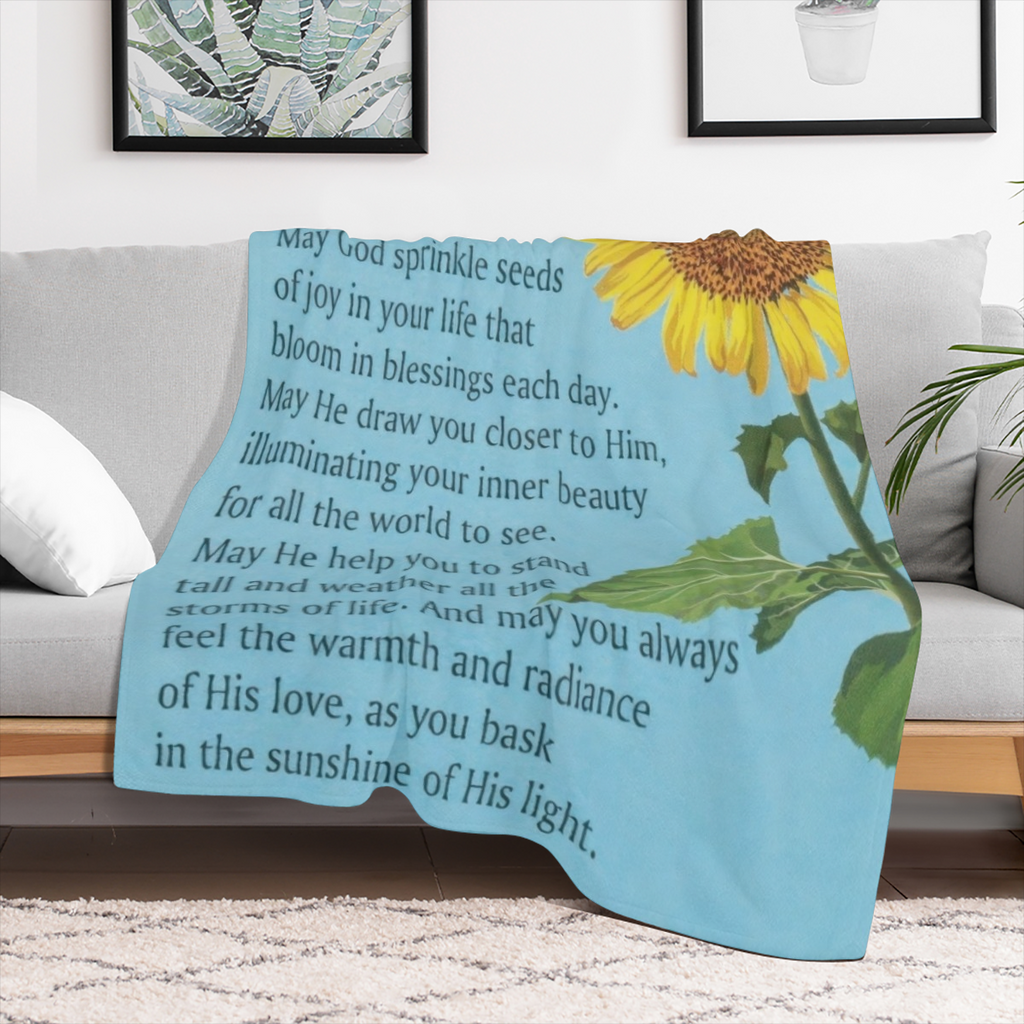 Contemporary Sunflower Prayer Throw Blanket, Hypoallergenic Flannel Fleece, Digital Print, 250- 300gsm, Multipurpose Cozy Sofa Bed Blanket, with Angelic Blessing Message for All Seasons