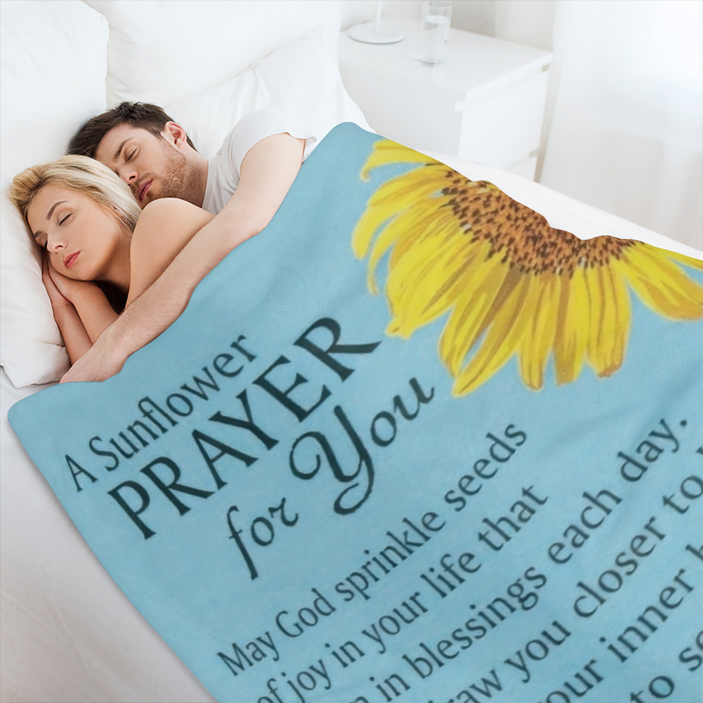 Contemporary Sunflower Prayer Throw Blanket, Hypoallergenic Flannel Fleece, Digital Print, 250- 300gsm, Multipurpose Cozy Sofa Bed Blanket, with Angelic Blessing Message for All Seasons