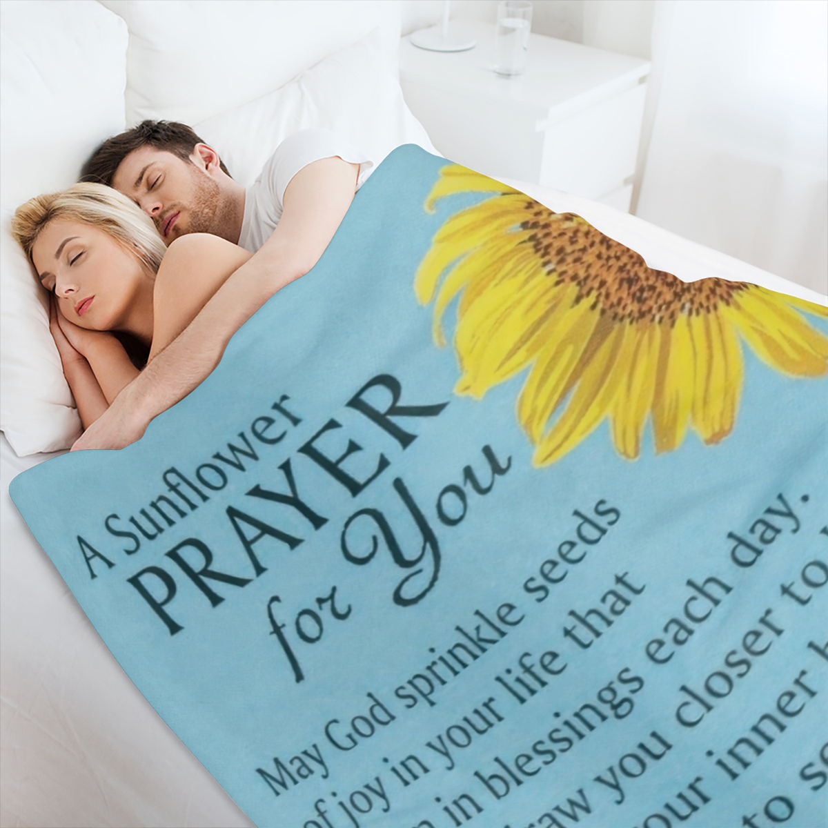Contemporary Sunflower Prayer Throw Blanket, Hypoallergenic Flannel Fleece, Digital Print, 250- 300gsm, Multipurpose Cozy Sofa Bed Blanket, with Angelic Blessing Message for All Seasons