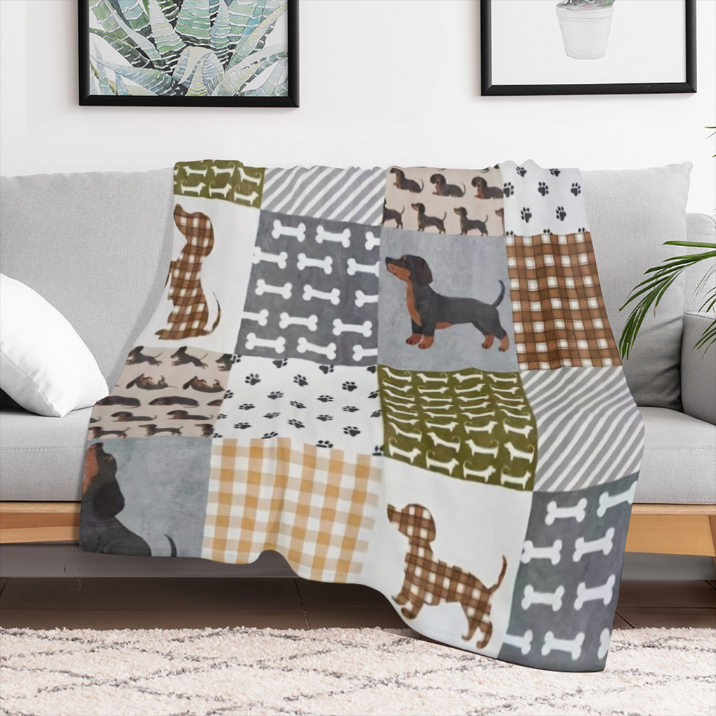 A modern style dachshund printed flannel blanket, soft and lightweight, suitable for year- round use, is a pet lover gift for bed sofa chair living room decoration, animal theme digital printed polyes