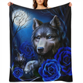 1pc Fashion Novel Blanket, Wolf Blue Rose Print Flannel Blanket, Soft Warm Throw Blanket Nap Blanket For Couch Sofa Office Bed Camping Travel, Multi- purpose Gift Blanket For All Season