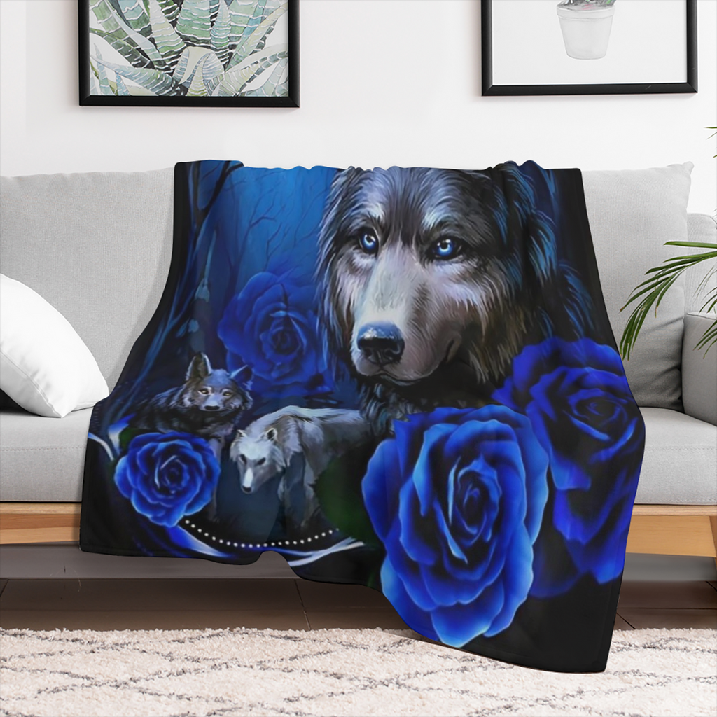 1pc Fashion Novel Blanket, Wolf Blue Rose Print Flannel Blanket, Soft Warm Throw Blanket Nap Blanket For Couch Sofa Office Bed Camping Travel, Multi- purpose Gift Blanket For All Season