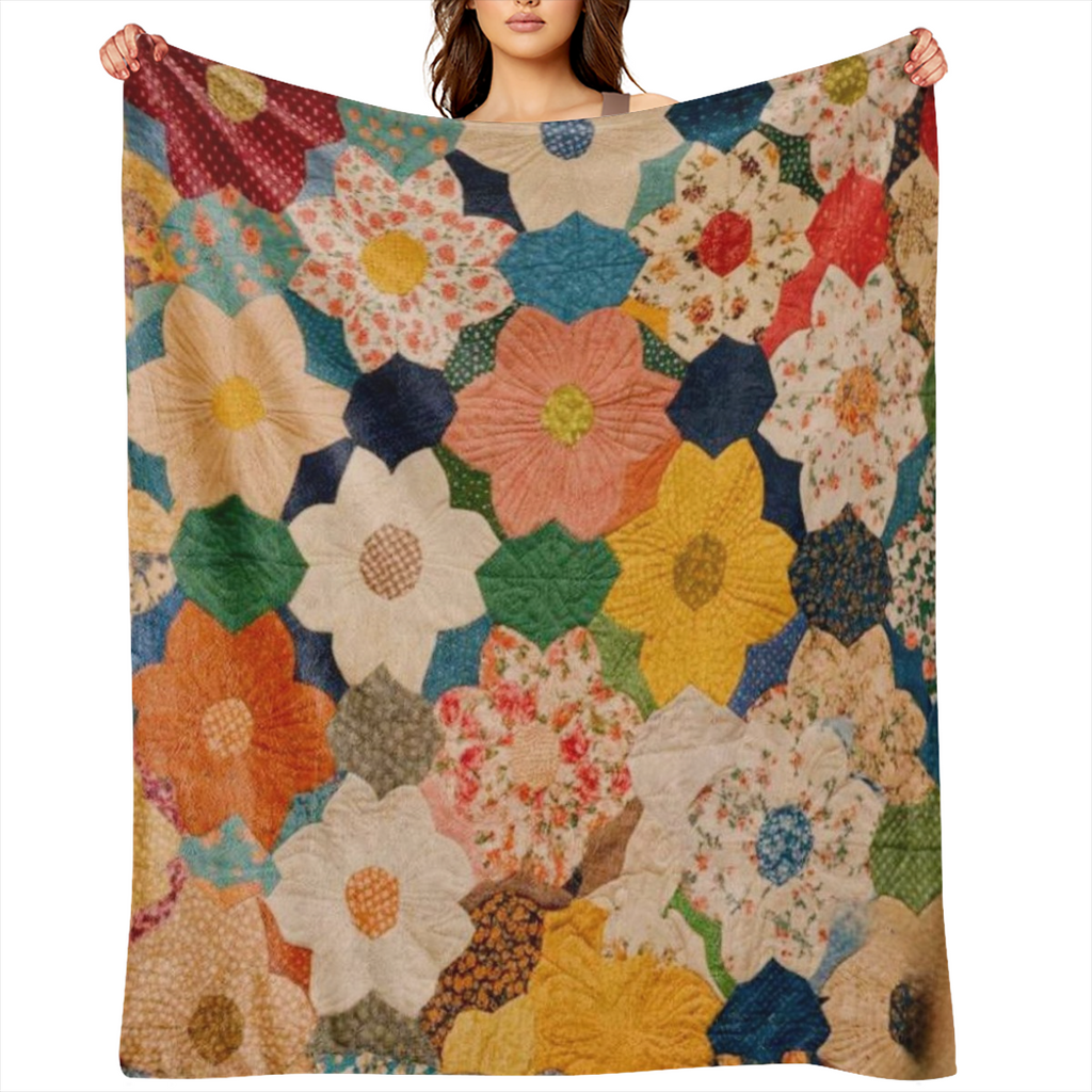 1pc Vintage Floral Patchwork Flannel Throw Blanket - Soft Cozy Knitted Polyester with Anti-Pilling Technology All-Season Lightweight Quilt for Sofa Bed Office Camping Travel - Perfect Gift for Any Occ
