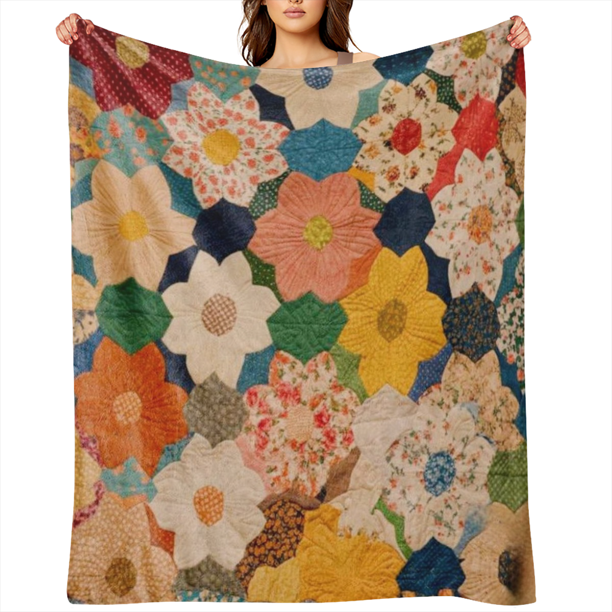 1pc Vintage Floral Patchwork Flannel Throw Blanket - Soft Cozy Knitted Polyester with Anti-Pilling Technology All-Season Lightweight Quilt for Sofa Bed Office Camping Travel - Perfect Gift for Any Occ