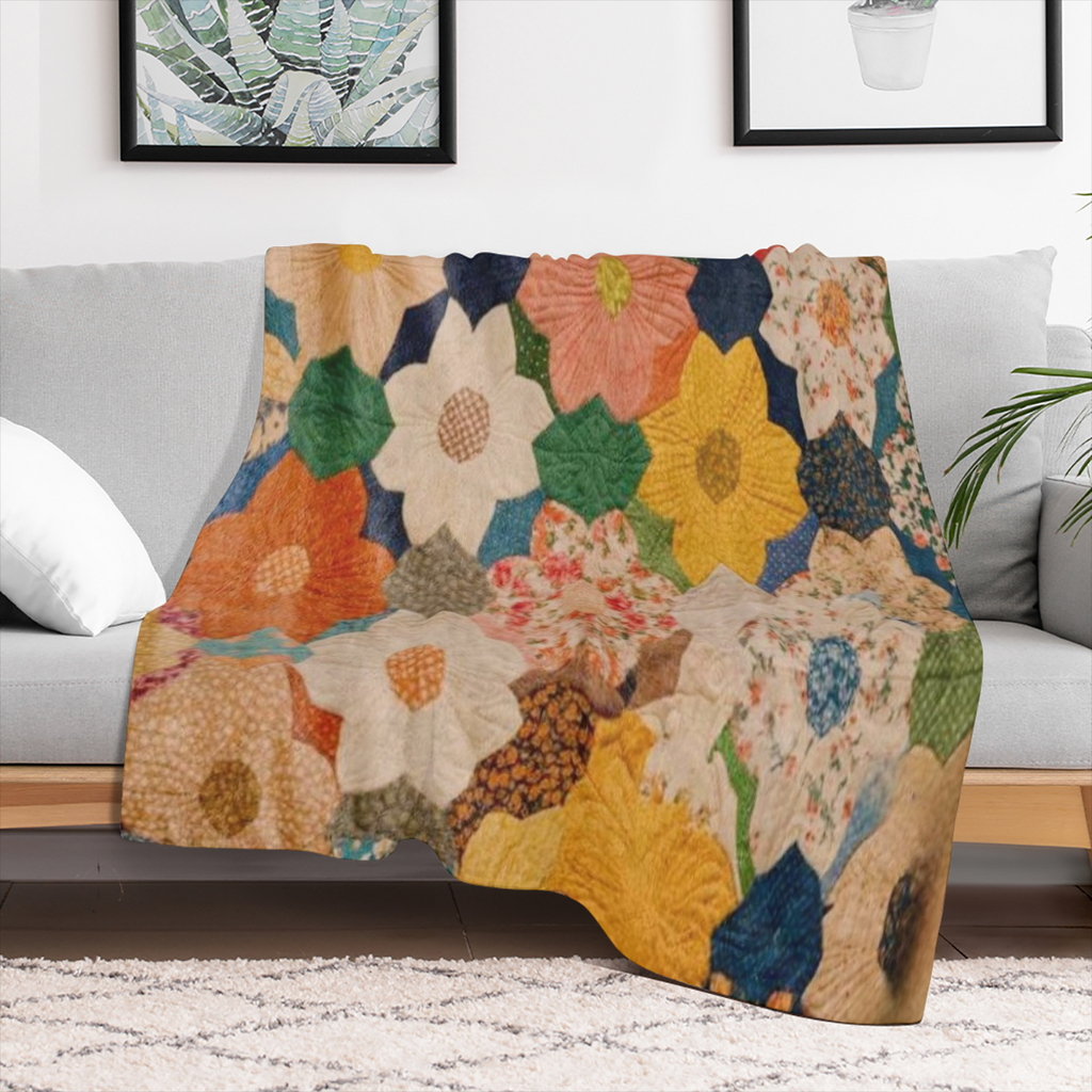 1pc Vintage Floral Patchwork Flannel Throw Blanket - Soft Cozy Knitted Polyester with Anti-Pilling Technology All-Season Lightweight Quilt for Sofa Bed Office Camping Travel - Perfect Gift for Any Occ