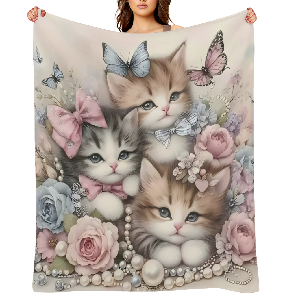1pc Pearls Flowers With Three Elegant Kittens Cute Fun Print Flannel Blanket, Soft Warm Cozy Skin- friendly Machine Washable Blanket For Sofa Bed Car Camping Office Home Decor, Multipurpose Gift Blank