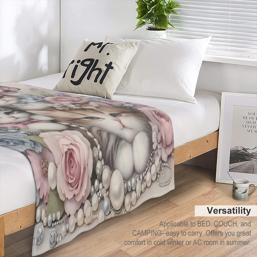 1pc Pearls Flowers With Three Elegant Kittens Cute Fun Print Flannel Blanket, Soft Warm Cozy Skin- friendly Machine Washable Blanket For Sofa Bed Car Camping Office Home Decor, Multipurpose Gift Blank