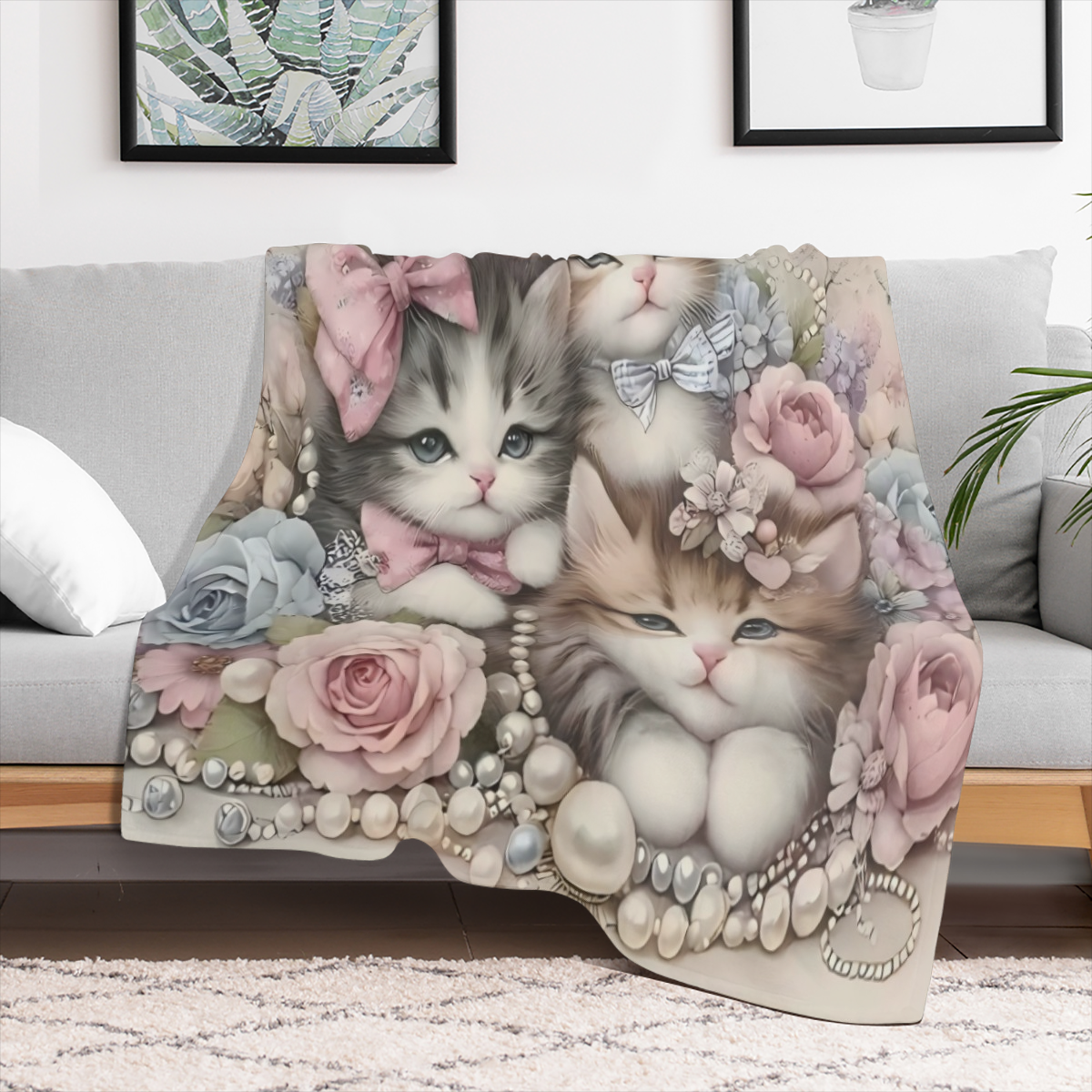 1pc Pearls Flowers With Three Elegant Kittens Cute Fun Print Flannel Blanket, Soft Warm Cozy Skin- friendly Machine Washable Blanket For Sofa Bed Car Camping Office Home Decor, Multipurpose Gift Blank