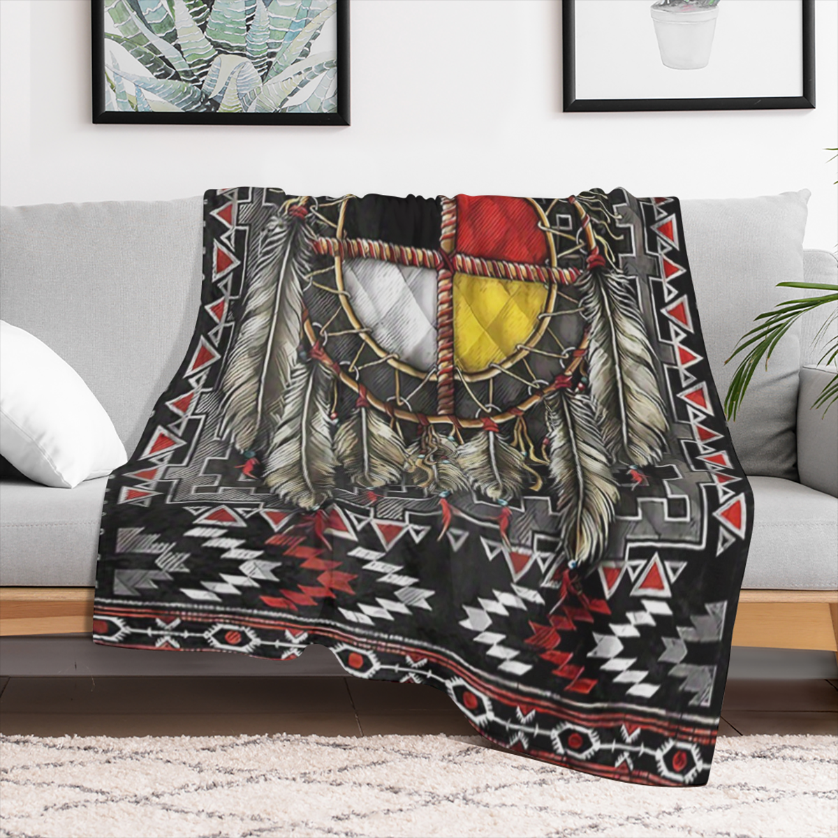Cozy Native American- Inspired Flannel Throw Blanket - Soft Reversible All- Season Comfort for Couch Bed Office and Travel - Unique Gift Idea