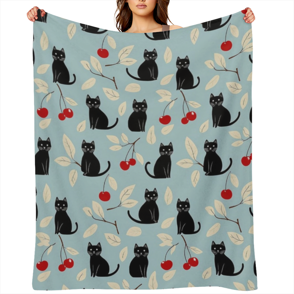Black Cat & Cherry Blanket, Soft Cozy Flannel Throw Blanket for Bed, Couch, Travel & Home Decor, Lightweight Warm Fuzzy Blankets for Women Men