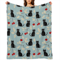 Black Cat & Cherry Blanket, Soft Cozy Flannel Throw Blanket for Bed, Couch, Travel & Home Decor, Lightweight Warm Fuzzy Blankets for Women Men