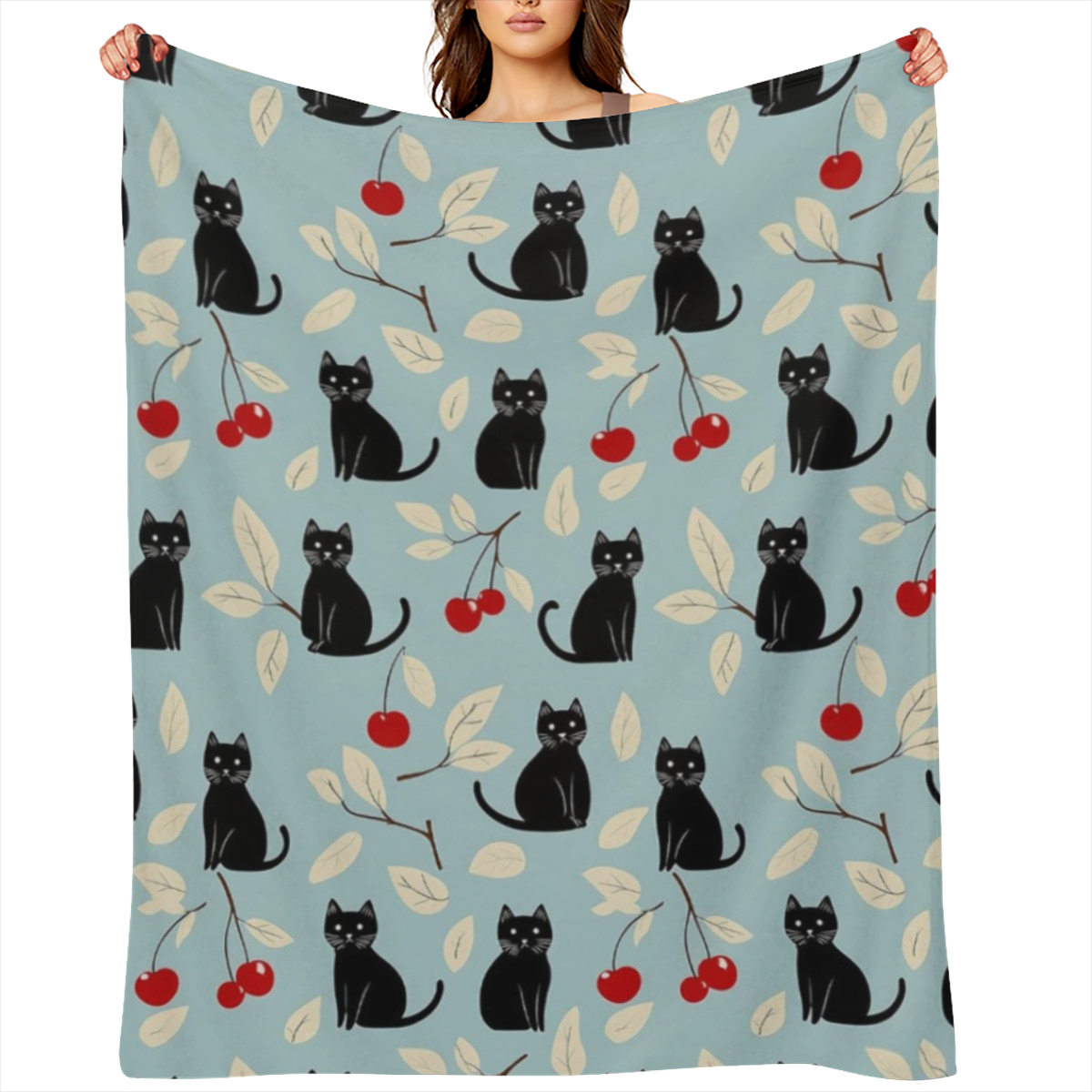 Black Cat & Cherry Blanket, Soft Cozy Flannel Throw Blanket for Bed, Couch, Travel & Home Decor, Lightweight Warm Fuzzy Blankets for Women Men