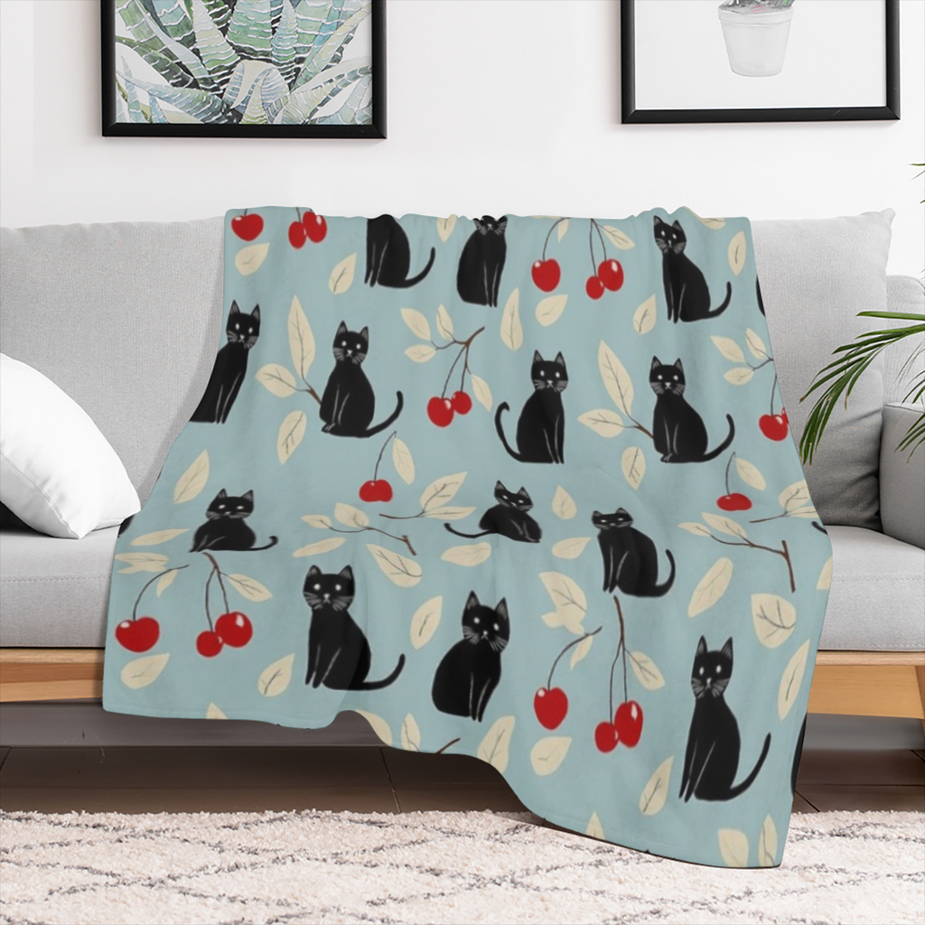 Black Cat & Cherry Blanket, Soft Cozy Flannel Throw Blanket for Bed, Couch, Travel & Home Decor, Lightweight Warm Fuzzy Blankets for Women Men